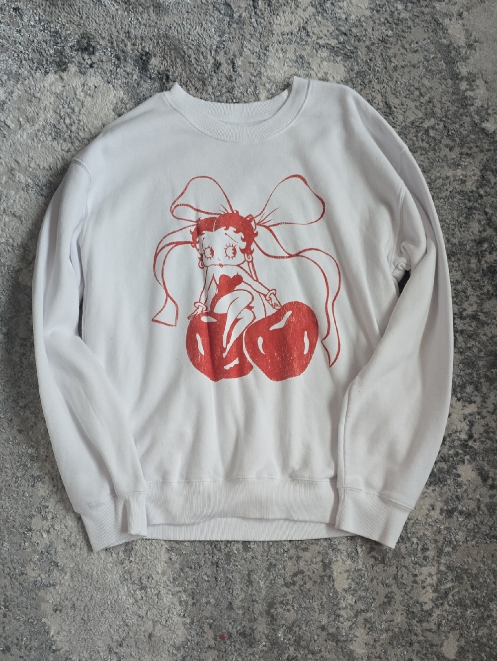 White Crewneck Sweatshirt with Red Cherry Graphic